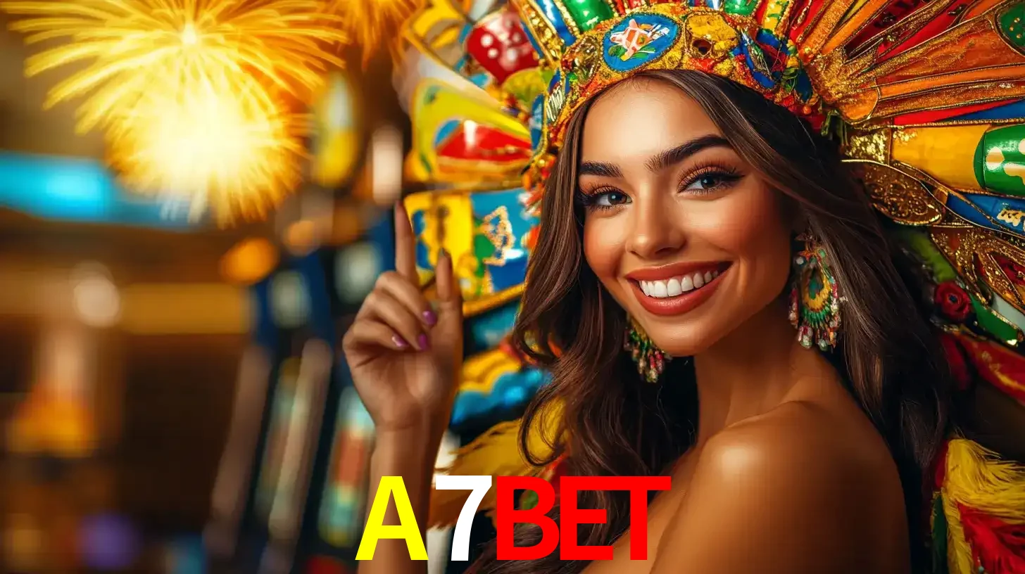 Mulher sorridente com um cocar de carnaval vibrante e colorido, celebrando uma grande vitória nos jogos do cassino A7BET com fogos de artifício ao fundo.
