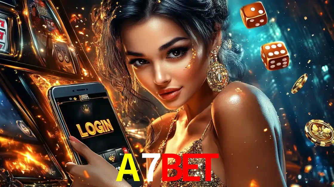 Mulher glamourosa segurando um celular com a tela de login do cassino A7BET, rodeada por dados e moedas douradas, pronta para começar a diversão.