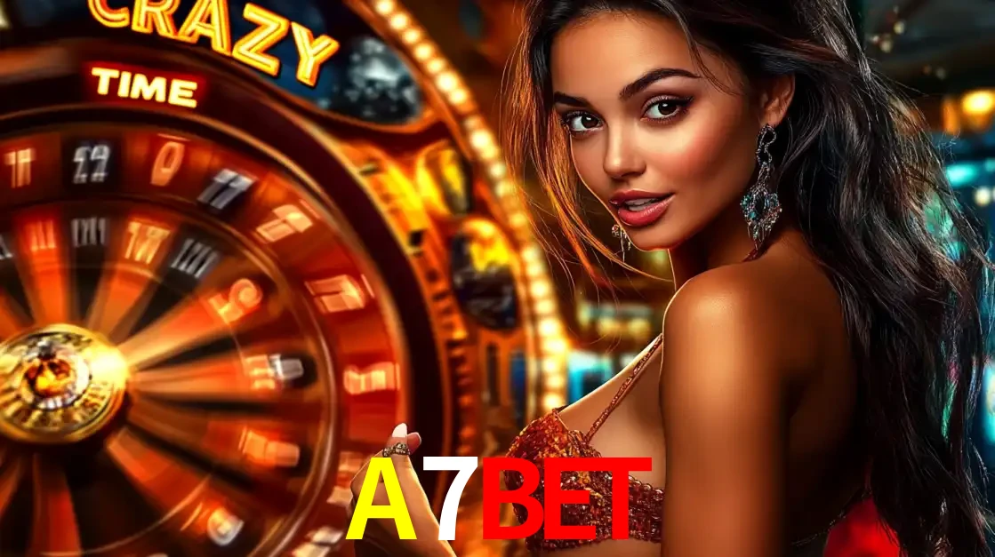 Mulher ao lado da roda de prêmios do jogo de cassino ao vivo Crazy Time, um dos shows de jogos mais emocionantes oferecidos pela plataforma de apostas A7BET.