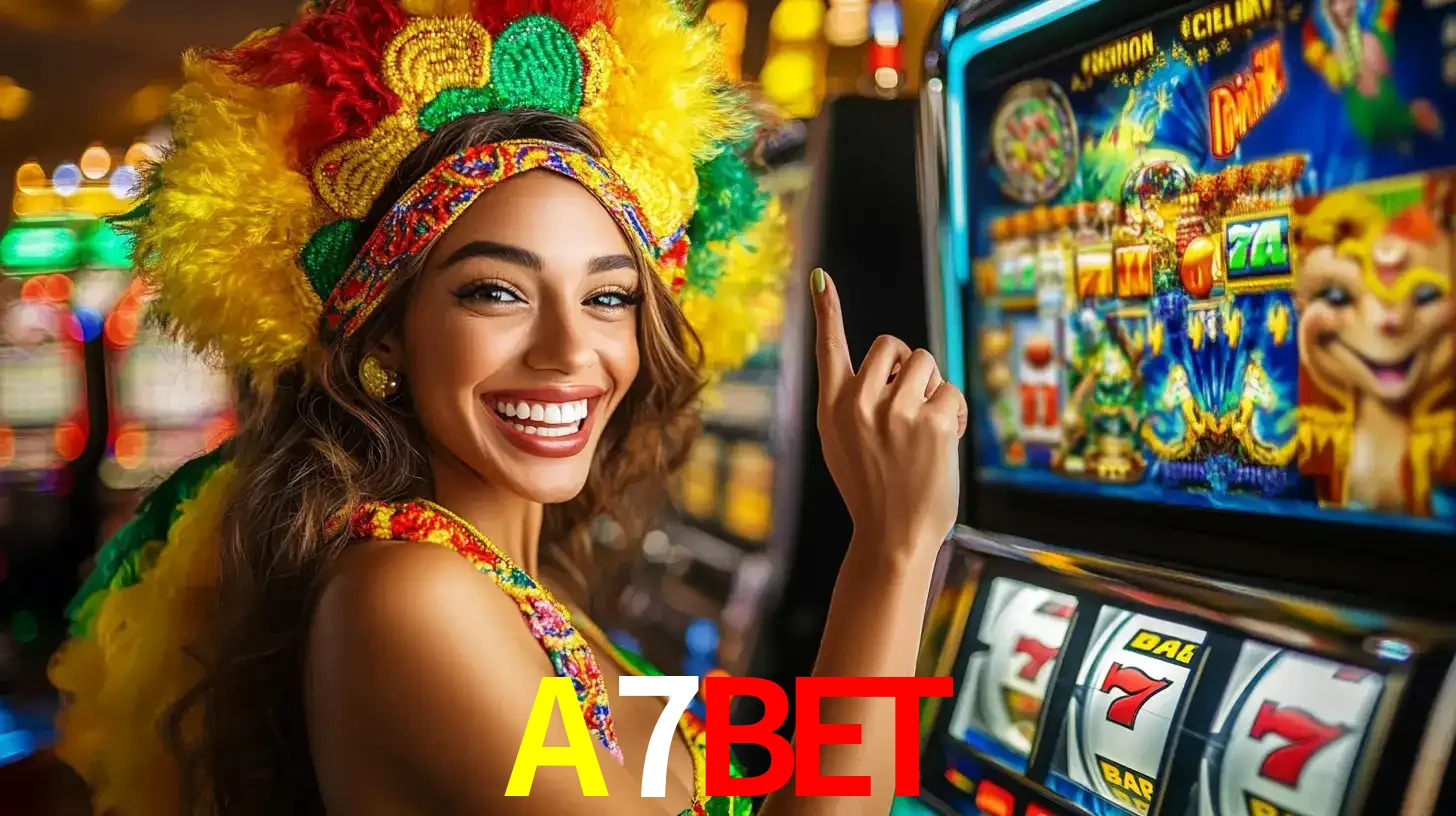 Mulher animada com um cocar de carnaval apontando para uma máquina de caça-níqueis, mostrando a emoção de ganhar um grande prêmio nos jogos do A7BET.