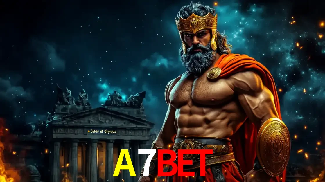 O poderoso Zeus do jogo de slot Gates of Olympus em frente ao seu templo, pronto para lançar multiplicadores divinos e prêmios épicos no cassino online A7BET.