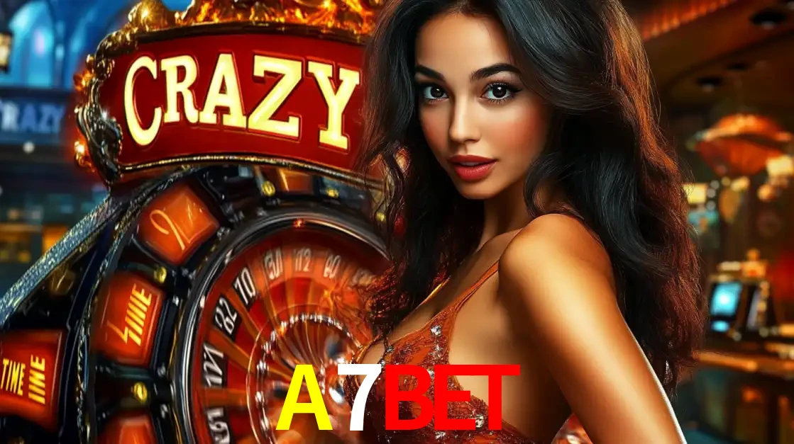 Mulher glamourosa olhando para a câmera com a roda vermelha do Crazy Time ao fundo em um ambiente de cassino, destacando a emoção dos jogos ao vivo no A7BET.