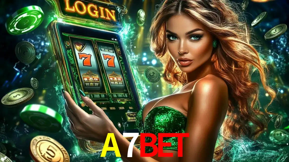 Mulher com tema verde apresentando o aplicativo do cassino A7BET com um jogo de slot de 777, cercada por fichas de cassino e uma aura de sorte.
