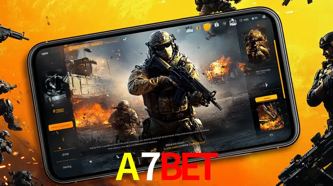 Um smartphone exibindo a interface de um jogo de tiro em primeira pessoa, com um soldado em um cenário de batalha, representando a ação dos e-sports para apostar no A7BET.