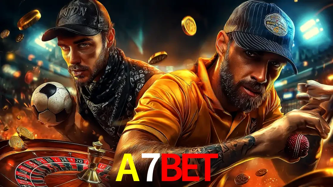 Montagem de apostas esportivas e cassino no A7BET, com um homem segurando uma bola de futebol e outro uma de beisebol sobre uma roleta e moedas voadoras.