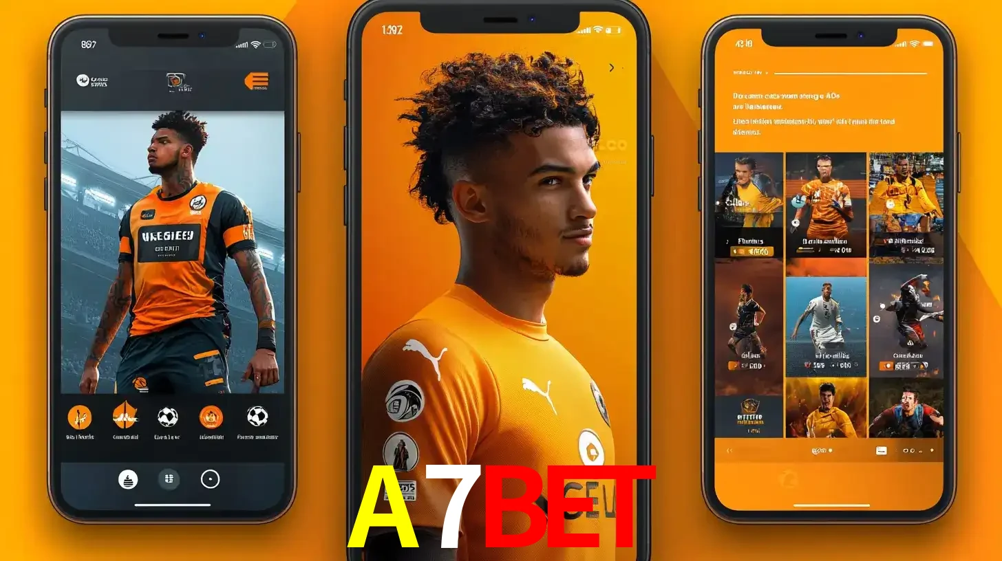 Interface do aplicativo de apostas esportivas A7BET em três telas de celular, mostrando o perfil de um jogador de futebol e a lista de jogos disponíveis para apostar.