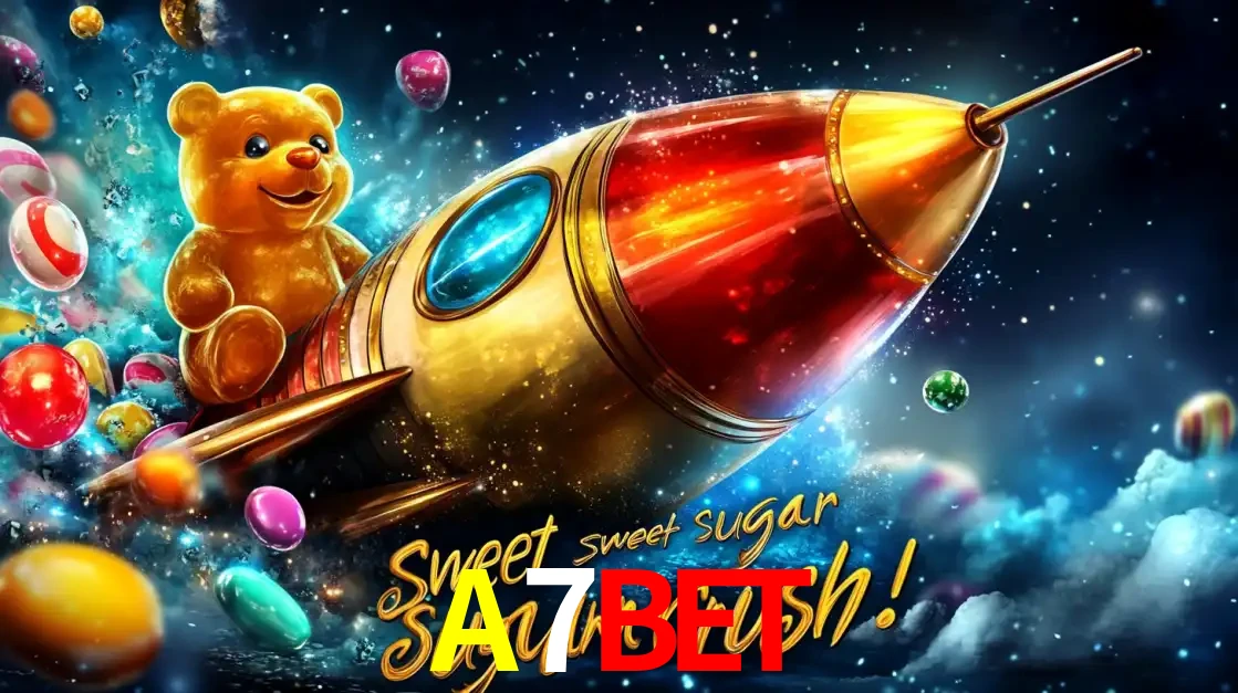 Arte promocional do jogo de slot Sugar Rush, com um urso de pelúcia em um foguete viajando pelo espaço de doces, um dos jogos divertidos disponíveis no cassino A7BET.