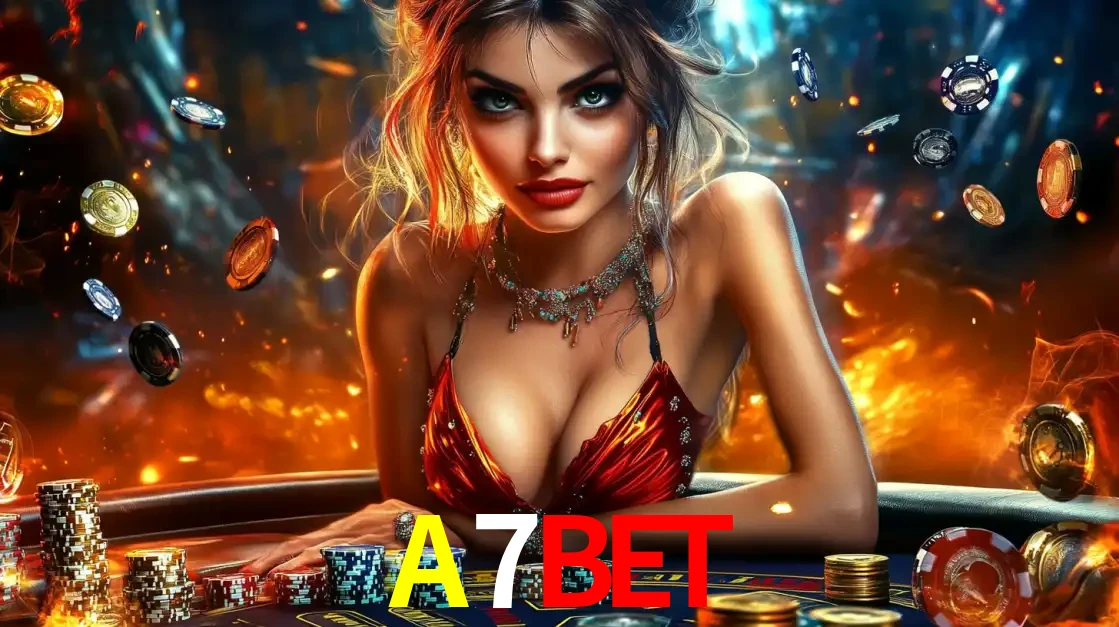 Mulher em uma mesa de cassino com pilhas de fichas e um fundo de fogo, pronta para uma rodada de altas apostas nos jogos de mesa emocionantes do cassino A7BET.