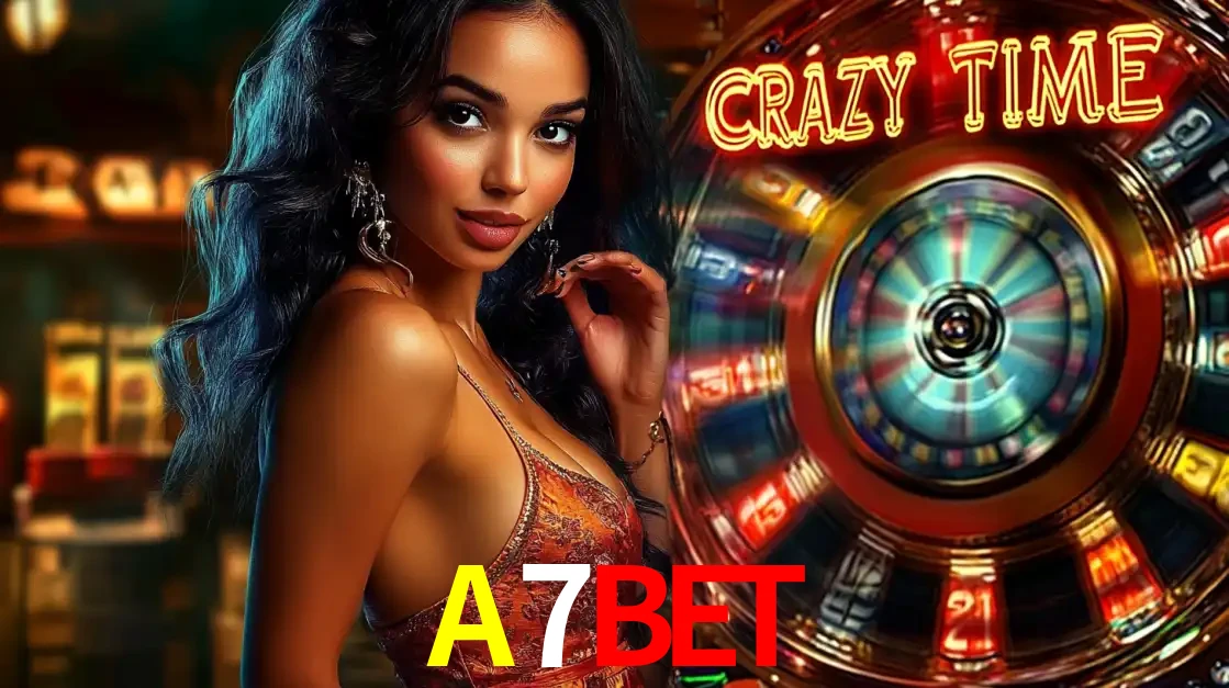 Mulher elegante ao lado da vibrante roda da fortuna do jogo de cassino ao vivo Crazy Time, um dos game shows mais populares e cheios de prêmios do A7BET.