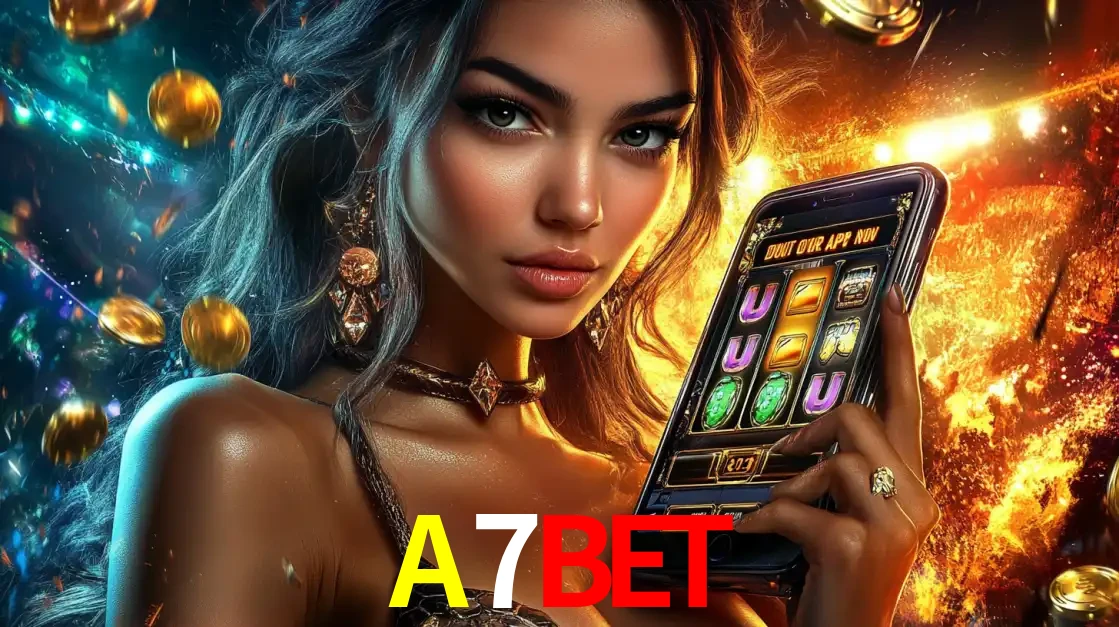 Mulher elegante mostrando um jogo de caça-níqueis em seu smartphone, destacando a experiência de cassino móvel oferecida pelo aplicativo A7BET.