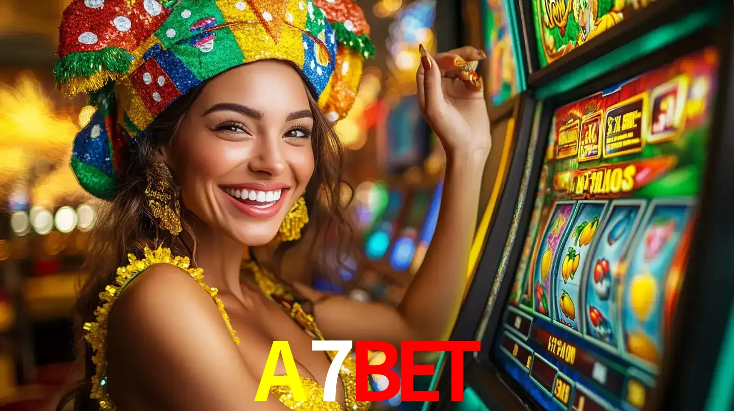 Mulher feliz com traje de carnaval amarelo e colorido ao lado de uma máquina de caça-níqueis, aproveitando a diversão e os jogos temáticos do cassino A7BET.