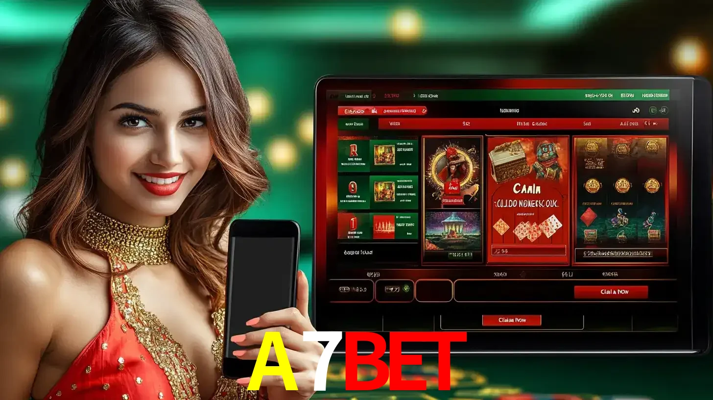 Mulher sorridente segurando um smartphone, ao lado de uma tela exibindo o lobby de jogos do cassino online A7BET, com várias opções de jogos de cartas e slots.